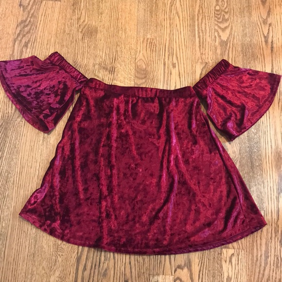 Potter's Pot Tops - Red burgundy velvet off the shoulder top